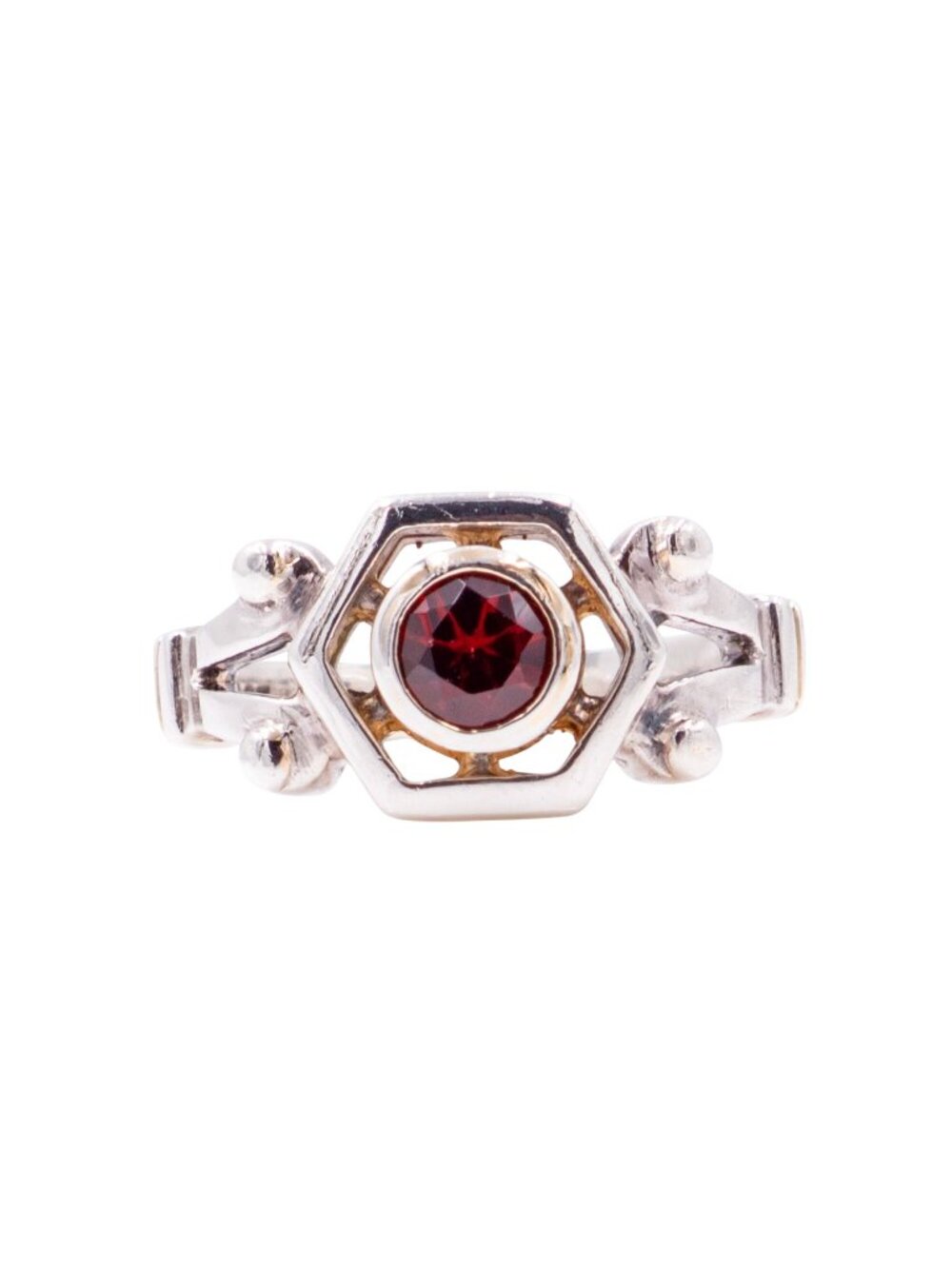 Sterling Silver 14K Yellow Gold Brilliant Cut Garnet Geometric Ring Size 6.75